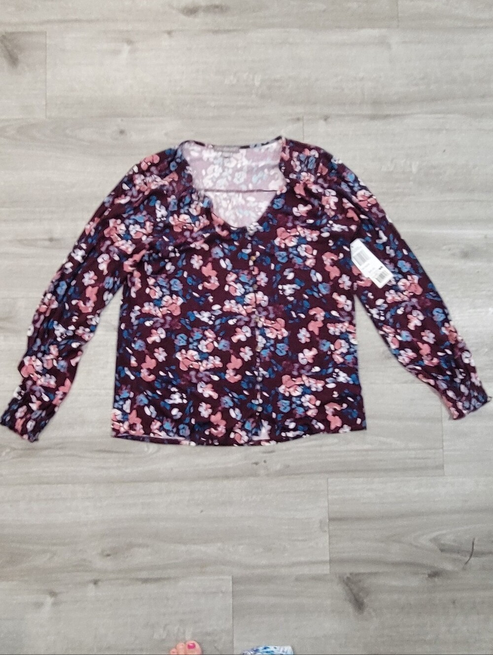 V-Neck Floral Blouse in Burgundy with Pink & Blue Blooms
